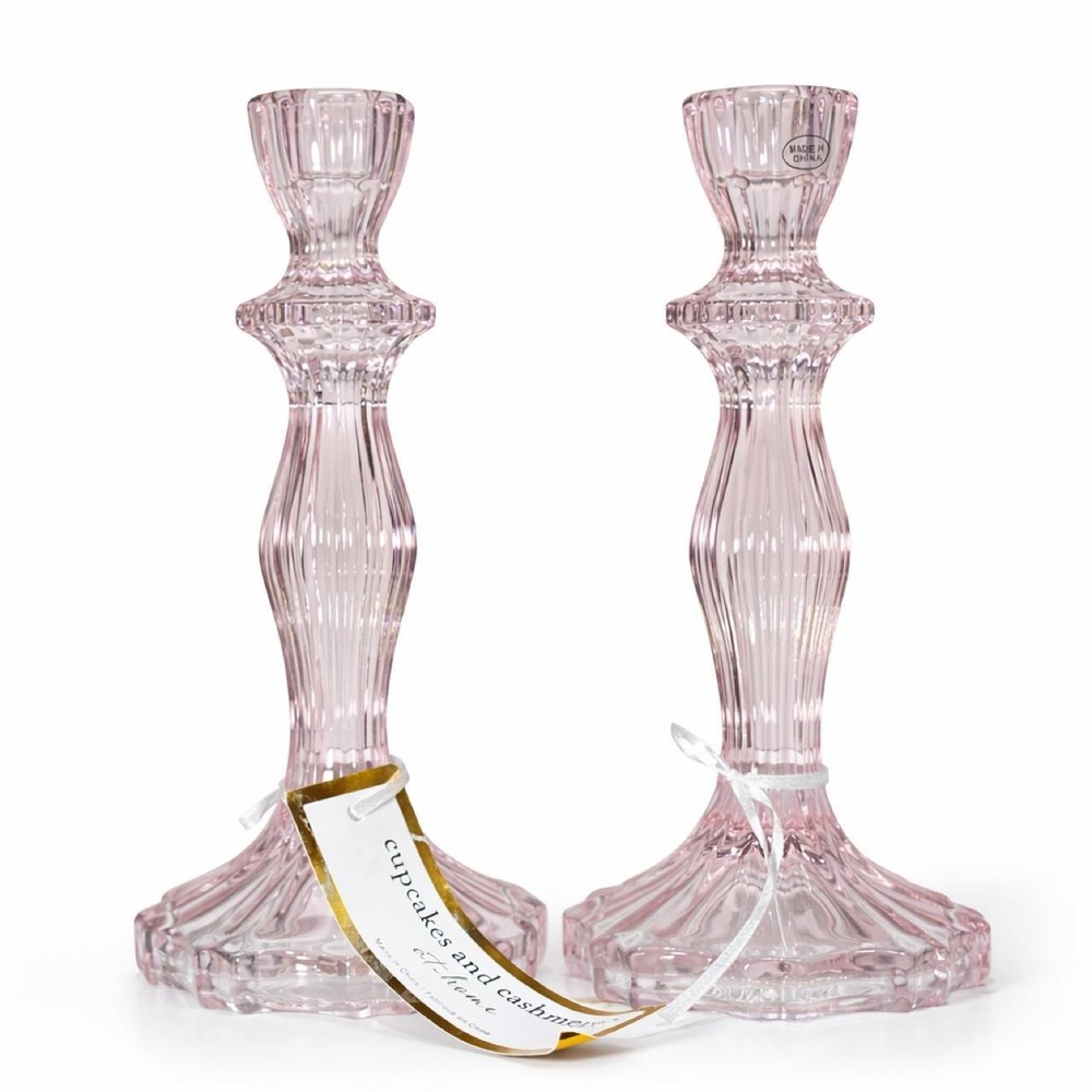 Cupcakes and Cashmere Pink Glass Taper Candle Holders Set of 2 - Picture 4 of 4
